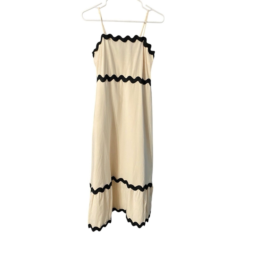 Womens Midi Spring Dress Size M Cream Black Wavy Trim Spaghetti Strap Viscose - Picture 2 of 9
